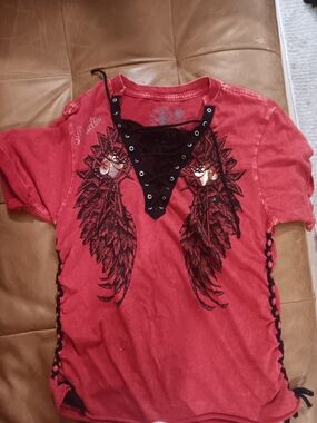 Affliction Red Lace-Up Wing Graphic Women's Top